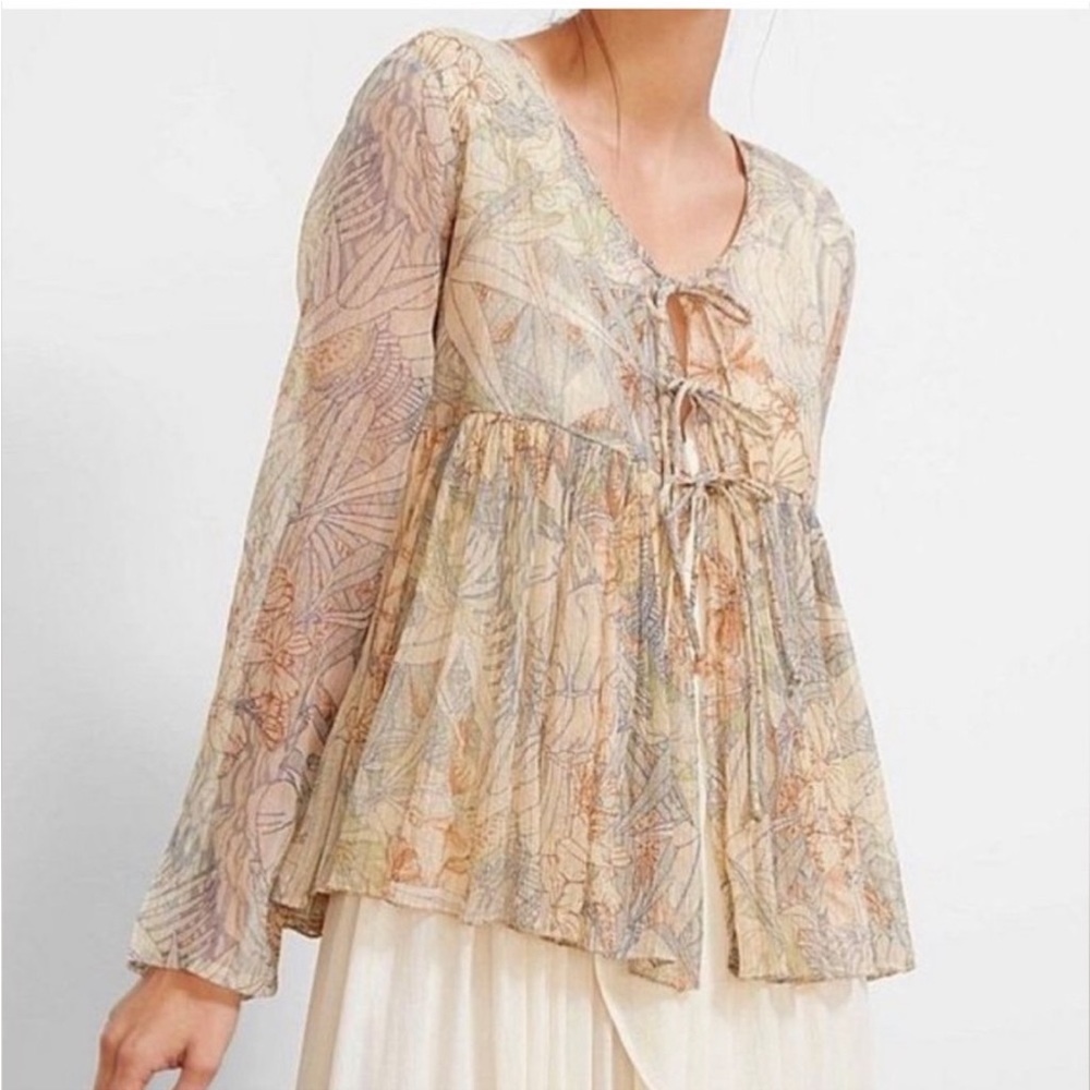 Mes Demoiselles Paris Palm Metallic Lace Up Blouse